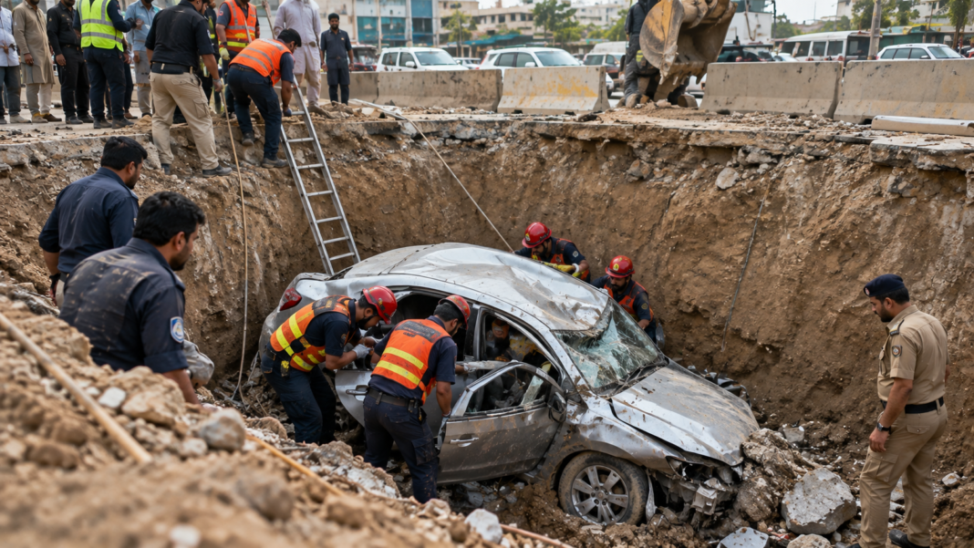 Woman, Three Children Injured as Car Plunges into Unsecured Construction Pit in Karachi Woman, Three Children Injured as Car Plunges into Unsecured Construction Pit in Karachi